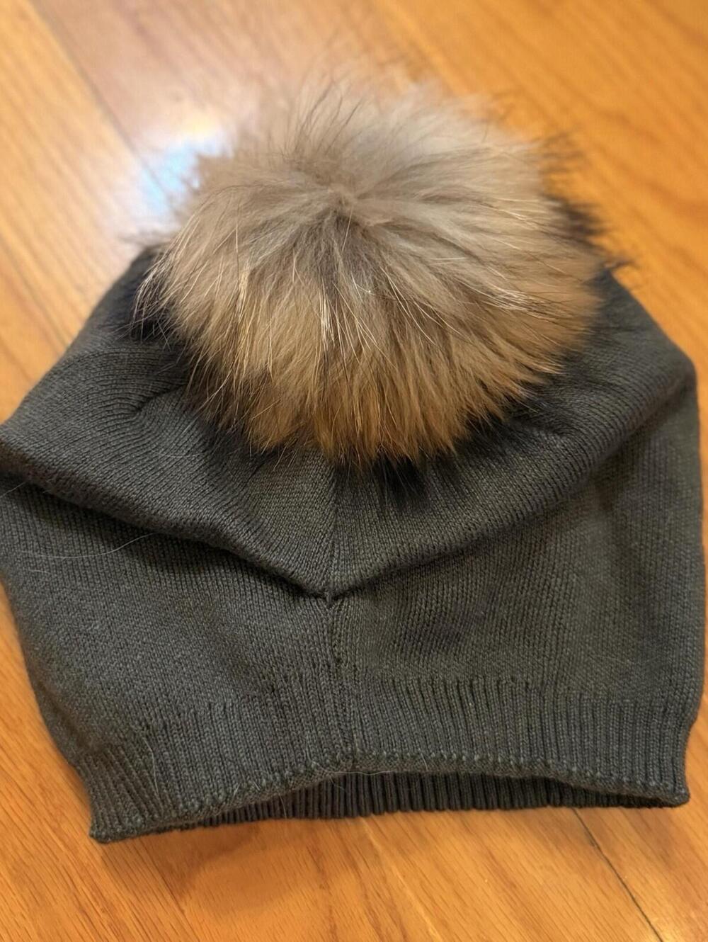 Haute Shore Brooklyn Army/ 100% Raccoon Fur Pom Beanie